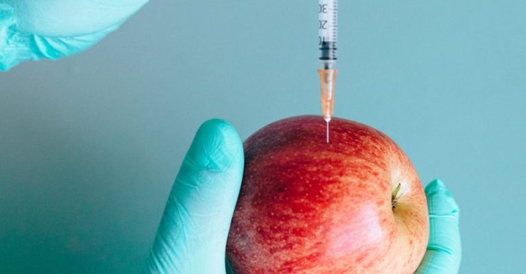 Scientific Experience - Person Injecting a Red Apple by Using a Syringe