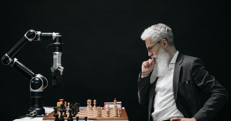 Scientific Technology - Elderly Man Thinking while Looking at a Chessboard