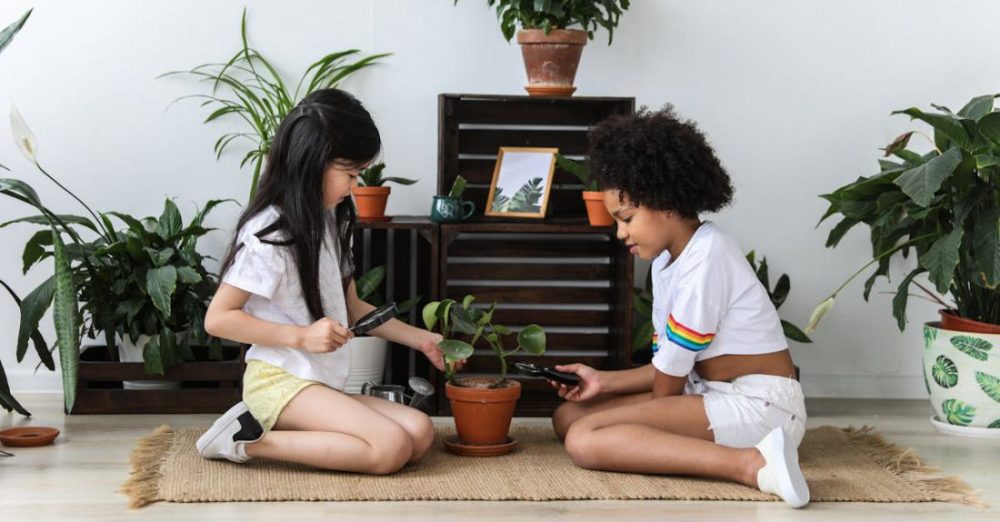 Biology - Side view of multiethnic kind girls with magnifier and pruning shear growing green potted plant while sitting on carpet in modern room