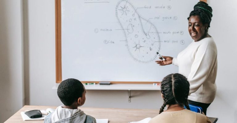 Scientific Experience - Happy experienced African American teacher showing scheme of Infusoria on whiteboard to young students