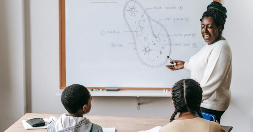 Scientific Experience - Happy experienced African American teacher showing scheme of Infusoria on whiteboard to young students